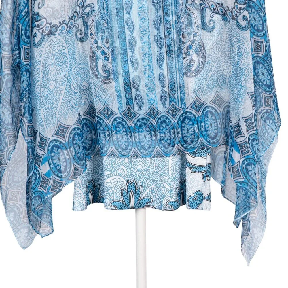 Boho Sheer Paisley Poncho Tank Set Top Petite L Blue Y2K Gypsy Hippie Festival